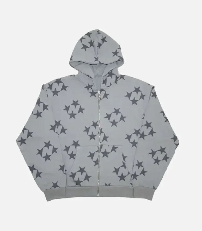 99 Based Star Print Zip Hoodie Grey