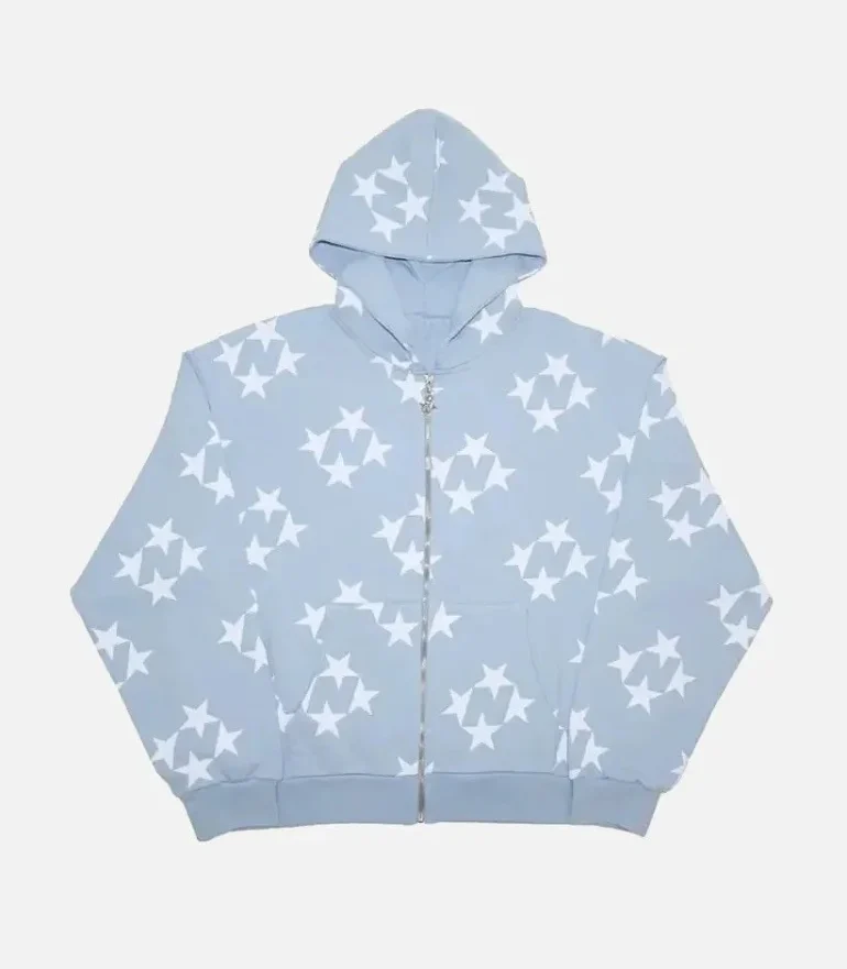 99 Based Star Print Zip Hoodie Sky Blue